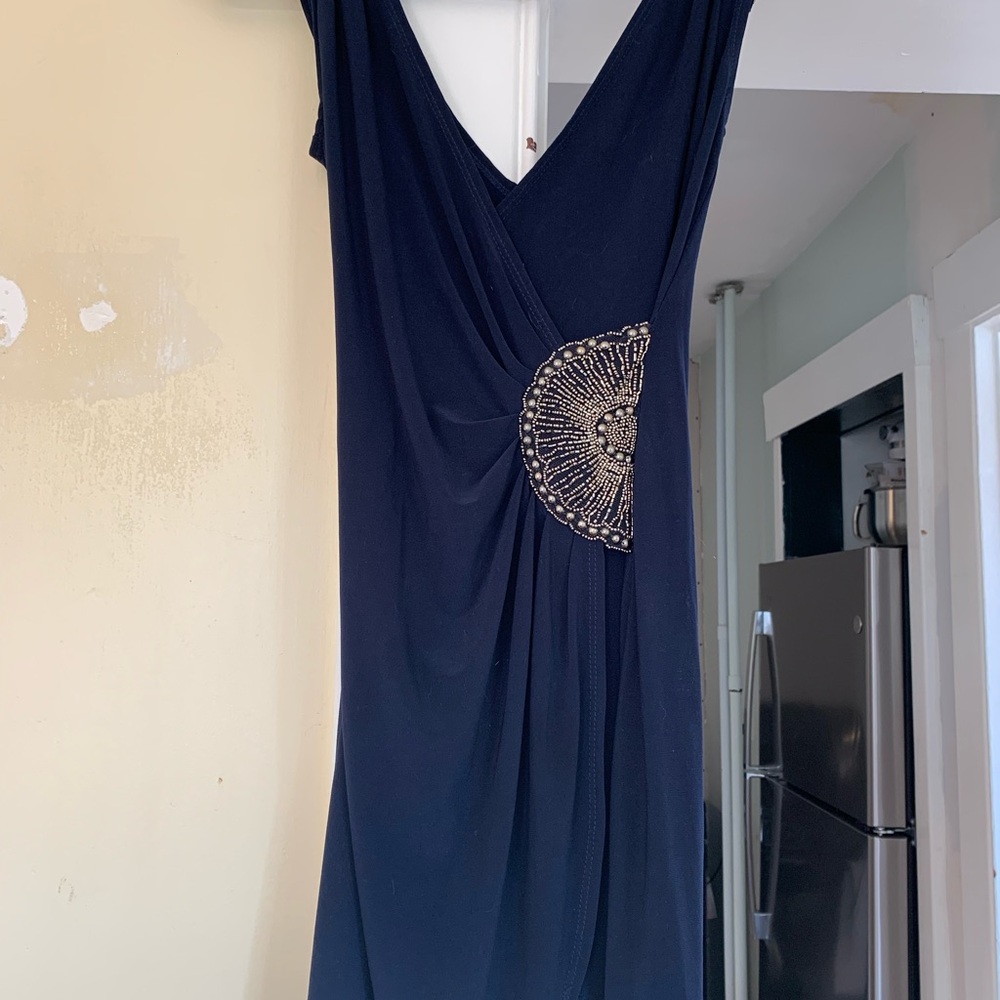 Short wrap v-neck cocktail dress in dark navy.